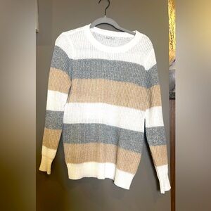 Tan, gray, cream, striped sweater, Pink Clover size M